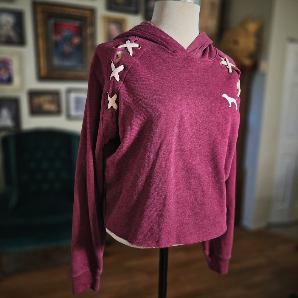 PINK Victoria's Secret Burgundy Lace Up Dog Logo Cropped Hoodie Sweatshirt